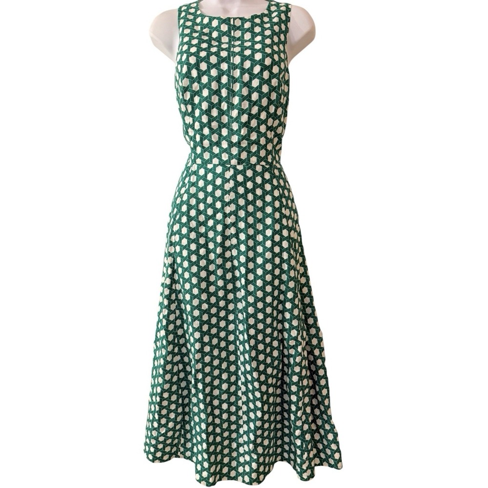 Boden Linen Dress 10 Midi Linen Green Wicker Fit Flare Pockets FIRM - Picture 2 of 10